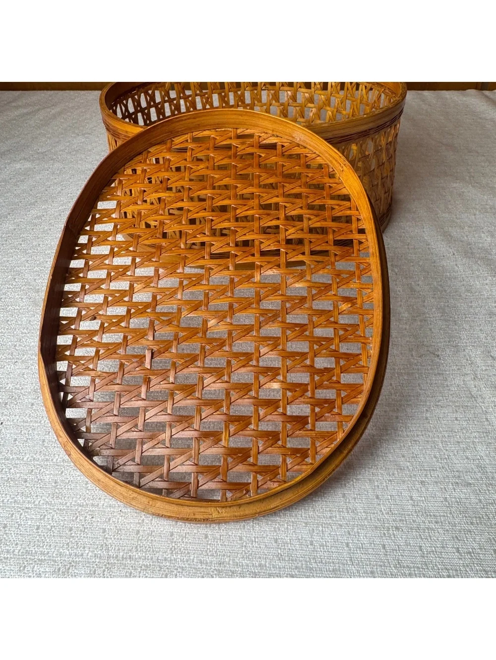 Vintage Shanghai Handicrafts Wicker Basket Lidded Oval Chinese Rattan Box